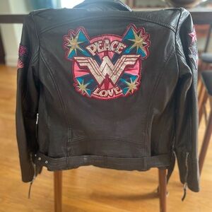 Genuine Leather Wonder Woman Moto Jacket – Peace Love Patch – Size S